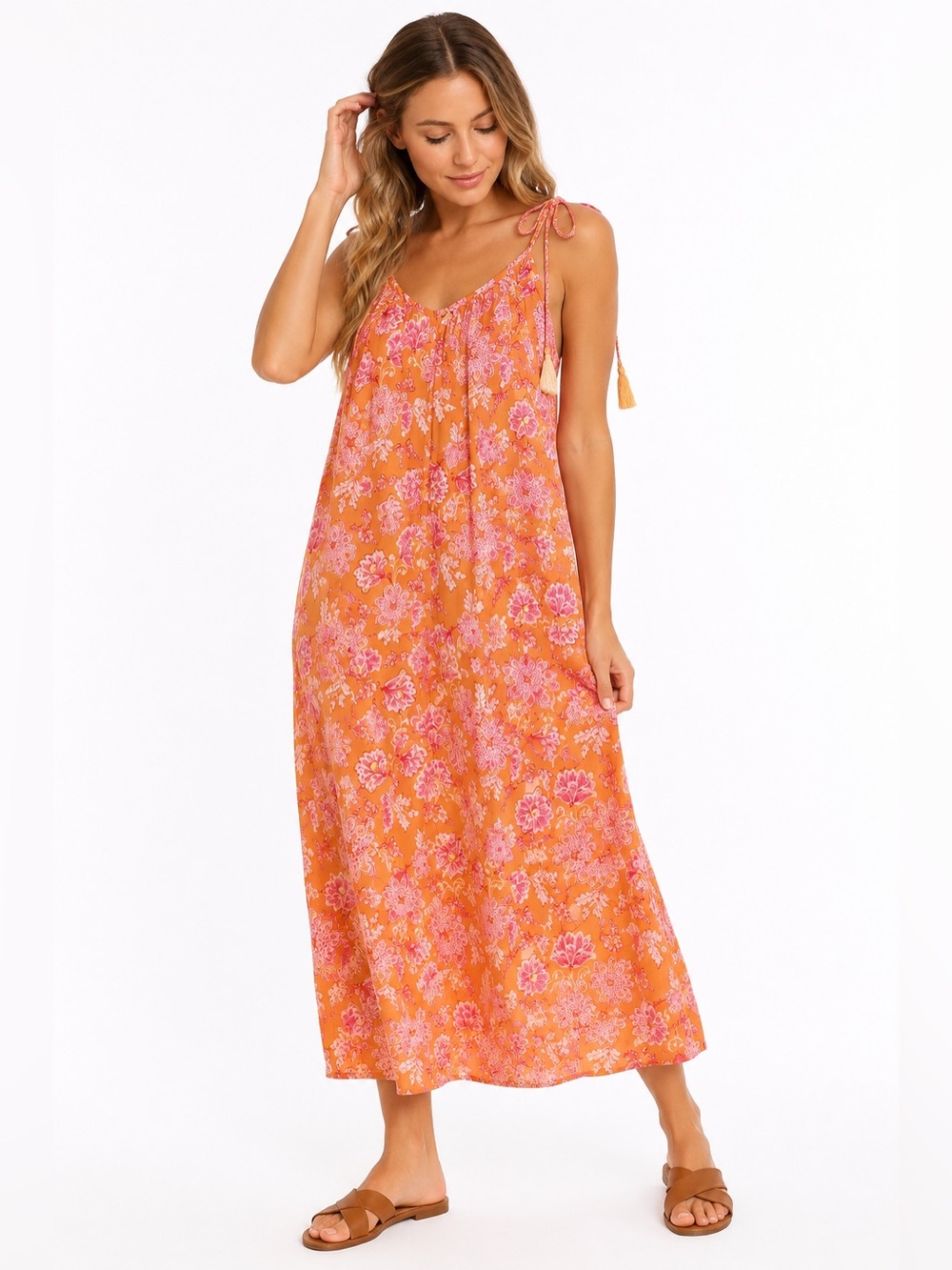 Old Navy Orange Floral Tie Shoulder Maxi Swing Dress Medium Pockets Resort Beach